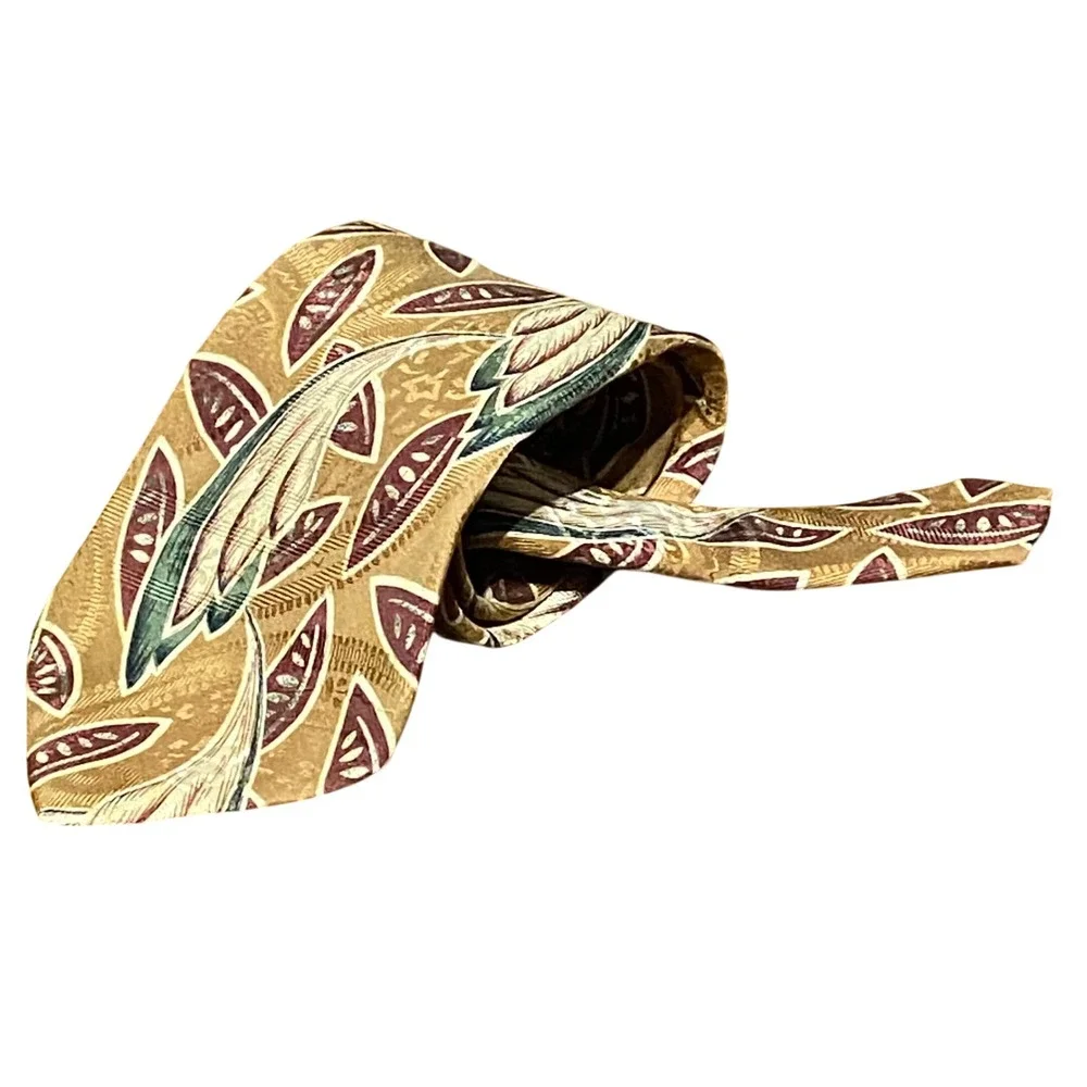 VTG Chaps Ralph Lauren Mens Silk Tie Tan Burgundy Teal Abstract‎ Botanical USA